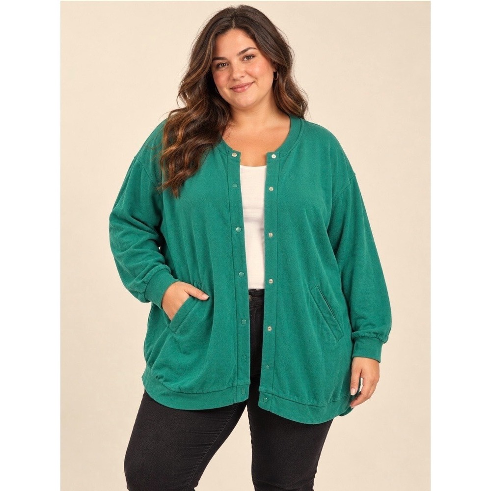Roaman's Green Snap Front Fleece Cardigan Bomber Jacket Women's Plus Size 1X